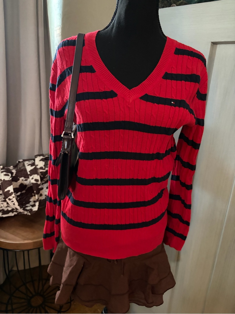 Tommy Hilfiger Red and Navy Ribbed Stripe Sweater